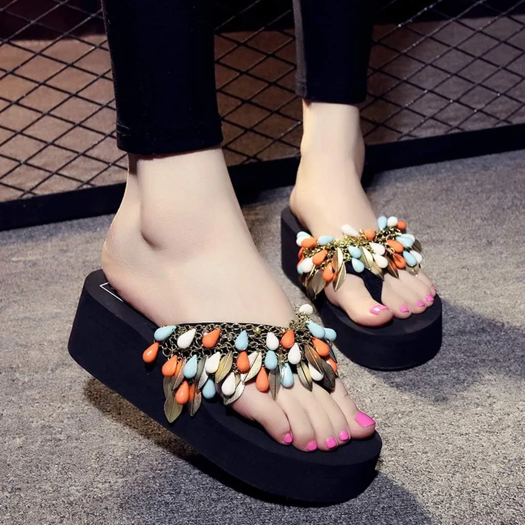 MIOKE Women's Boho Fringe Wedge Flipflops Summer Platform Comfort Nonslip Metallic Beach Thong Sandals