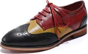 Mona flying Women's Comfortable Multicolored Wingtip Oxfords Brogue Lace-up Leather Shoes for Womens Ladies