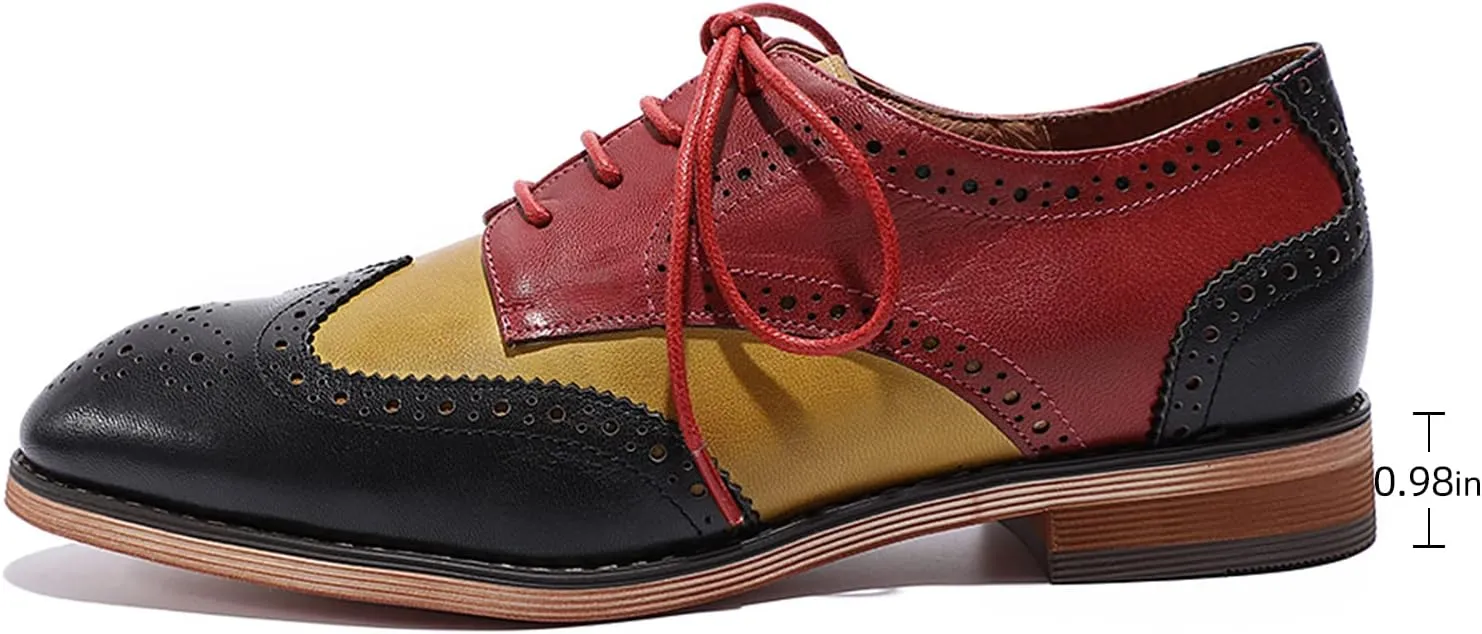 Mona flying Women's Comfortable Multicolored Wingtip Oxfords Brogue Lace-up Leather Shoes for Womens Ladies