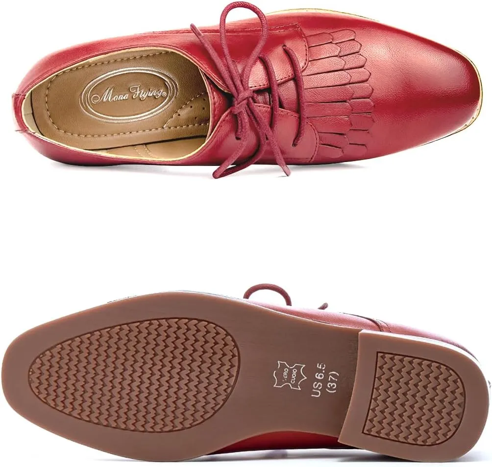 Mona flying Women's Tassel Oxfords Derby Comfortable Lace up Leather Flat Office Work Shoes for Ladies