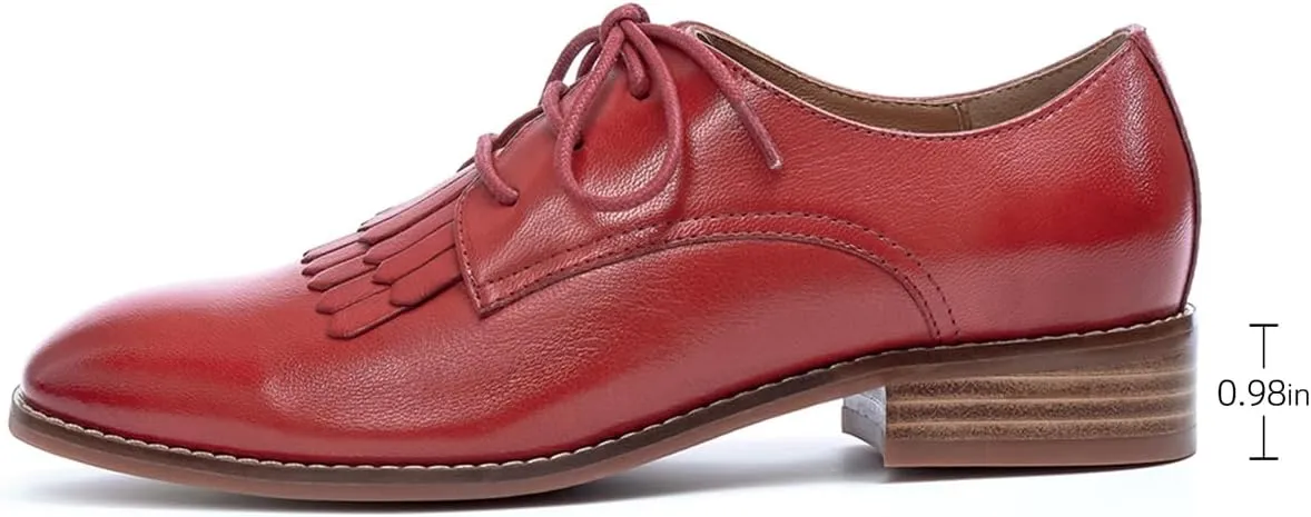 Mona flying Women's Tassel Oxfords Derby Comfortable Lace up Leather Flat Office Work Shoes for Ladies