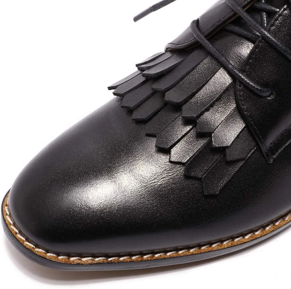 Mona flying Women's Tassel Oxfords Derby Comfortable Lace up Leather Flat Office Work Shoes for Ladies