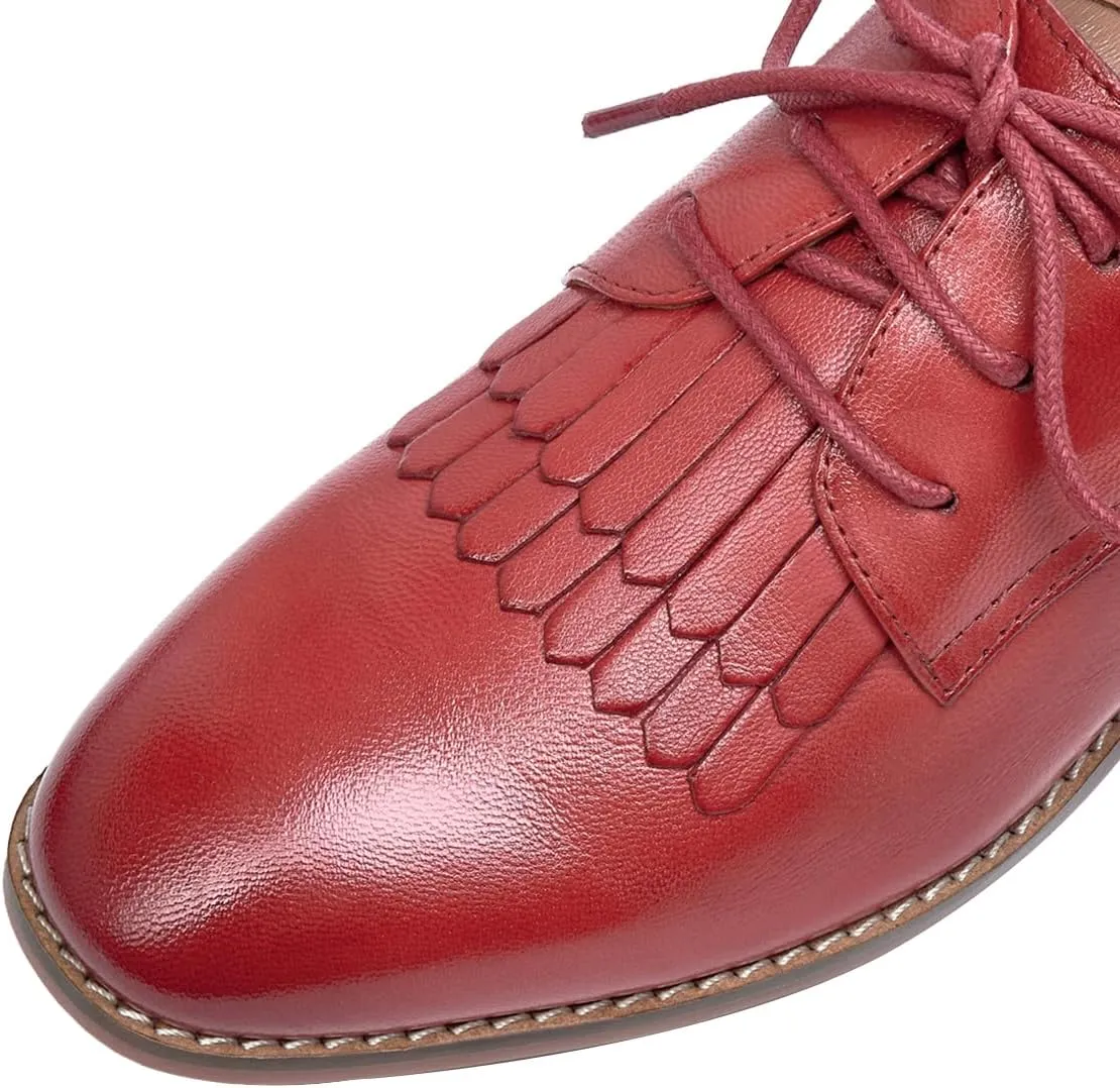 Mona flying Women's Tassel Oxfords Derby Comfortable Lace up Leather Flat Office Work Shoes for Ladies