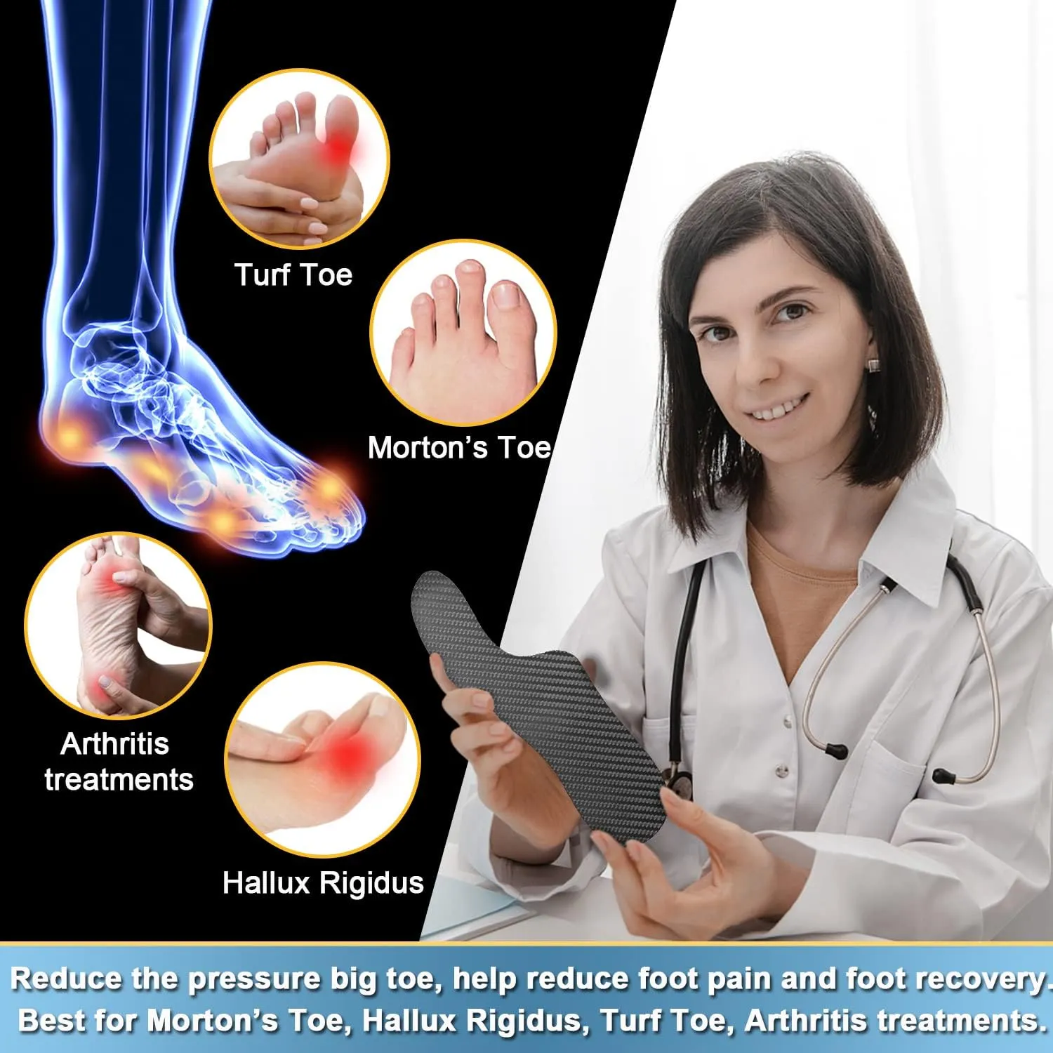 Morton's Extension Orthotic, Carbon Fiber Insole 1 Pair, Rigid Foot Support Insert for Morton's Toe, Turf Toe, Hallux Limitus, Hallux Rigidus, Arthritis (235mm -Women's Size 8-8.5, Men's 7-7.5) Black