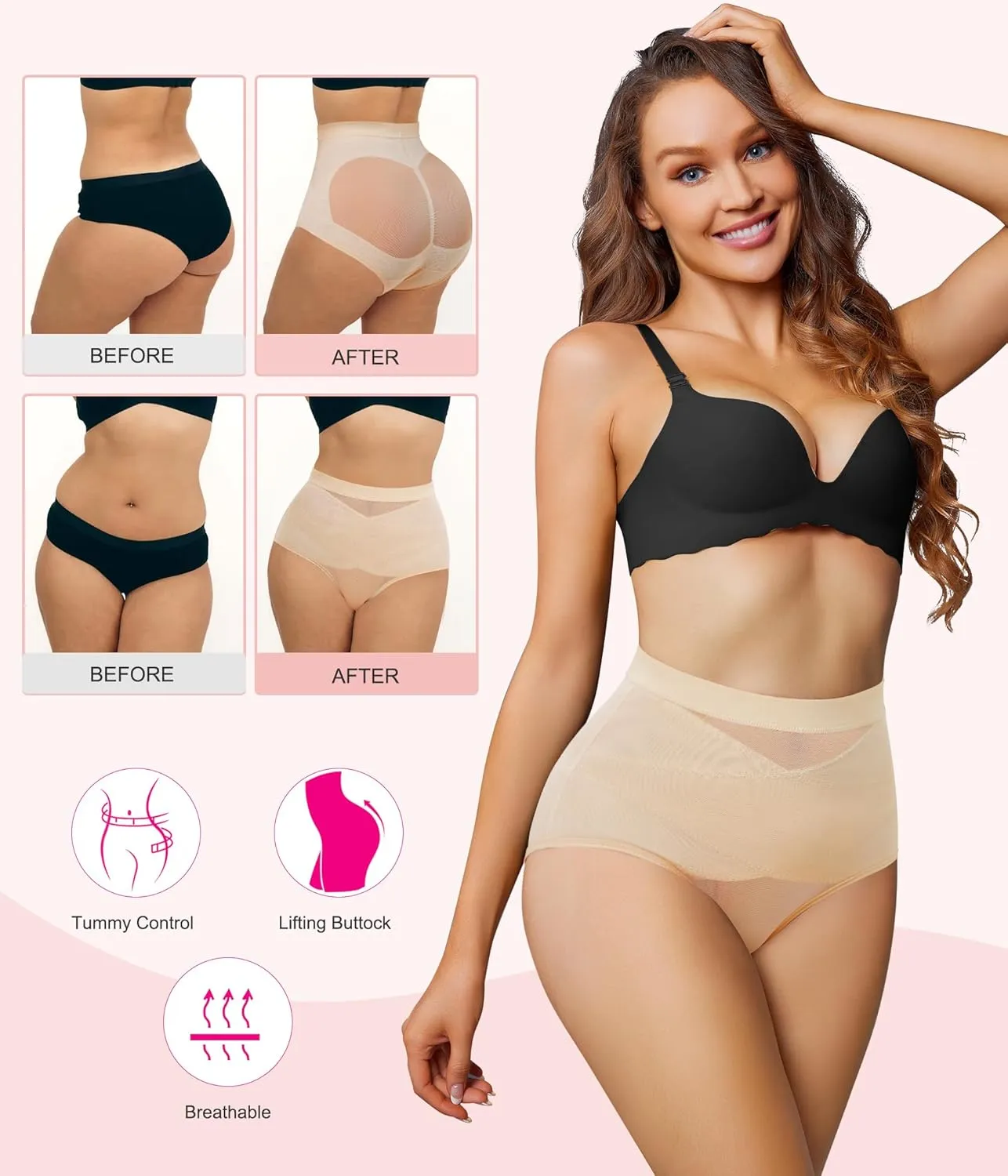 Nebility 2 Piece Tummy Control Shapewear Butt Lifting Underwear for Women Lower Belly Waist Trainer Seamless Faja Body Shaper