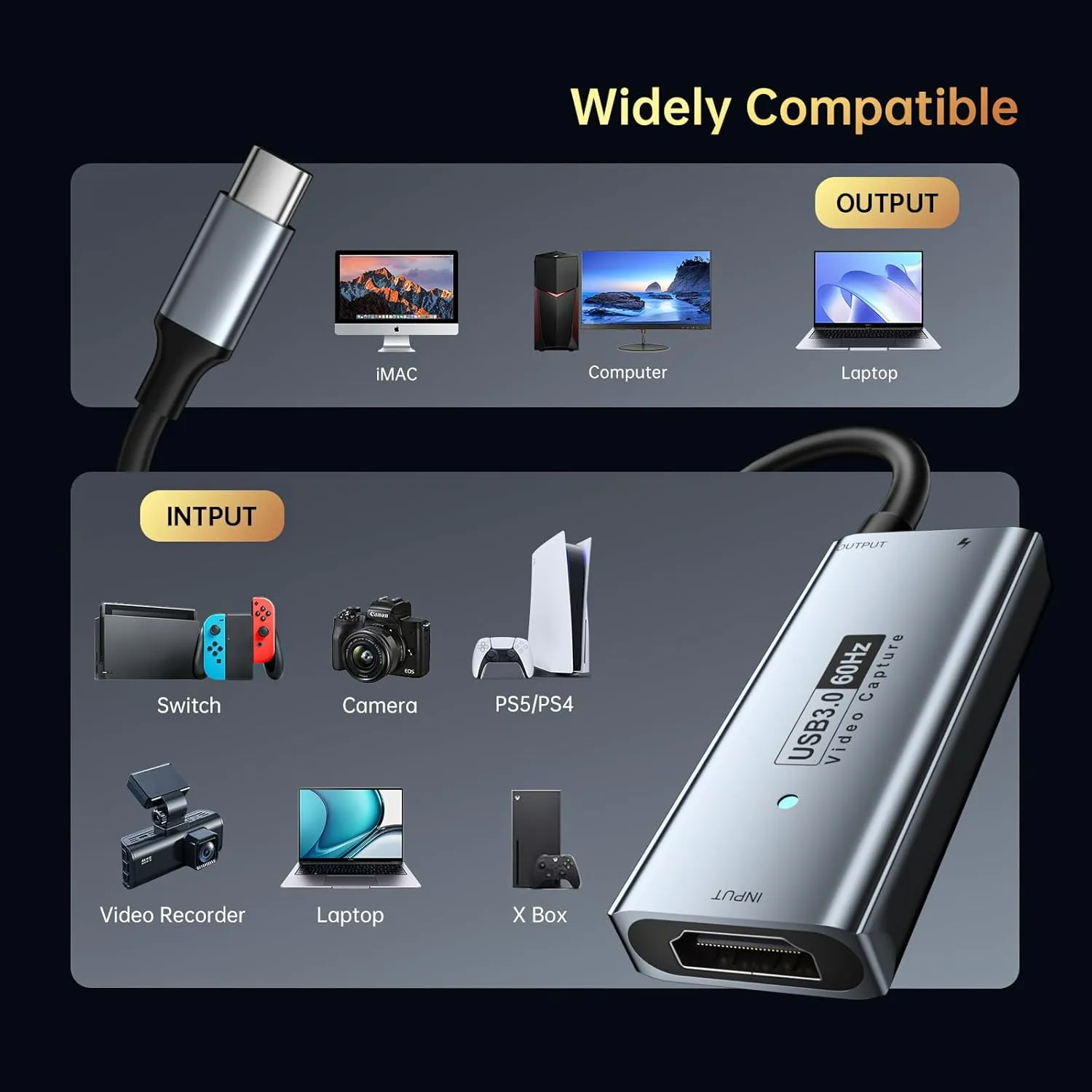 Newhope USB 3.0 Capture Card with 100W PD - HDMI to USB-C Video Capture Card 1080P 60fps & 2K 30fps Video Audio Capture Device for Streaming, Game Recording, Compatible for Quest 3, Switch, PS4/PS5