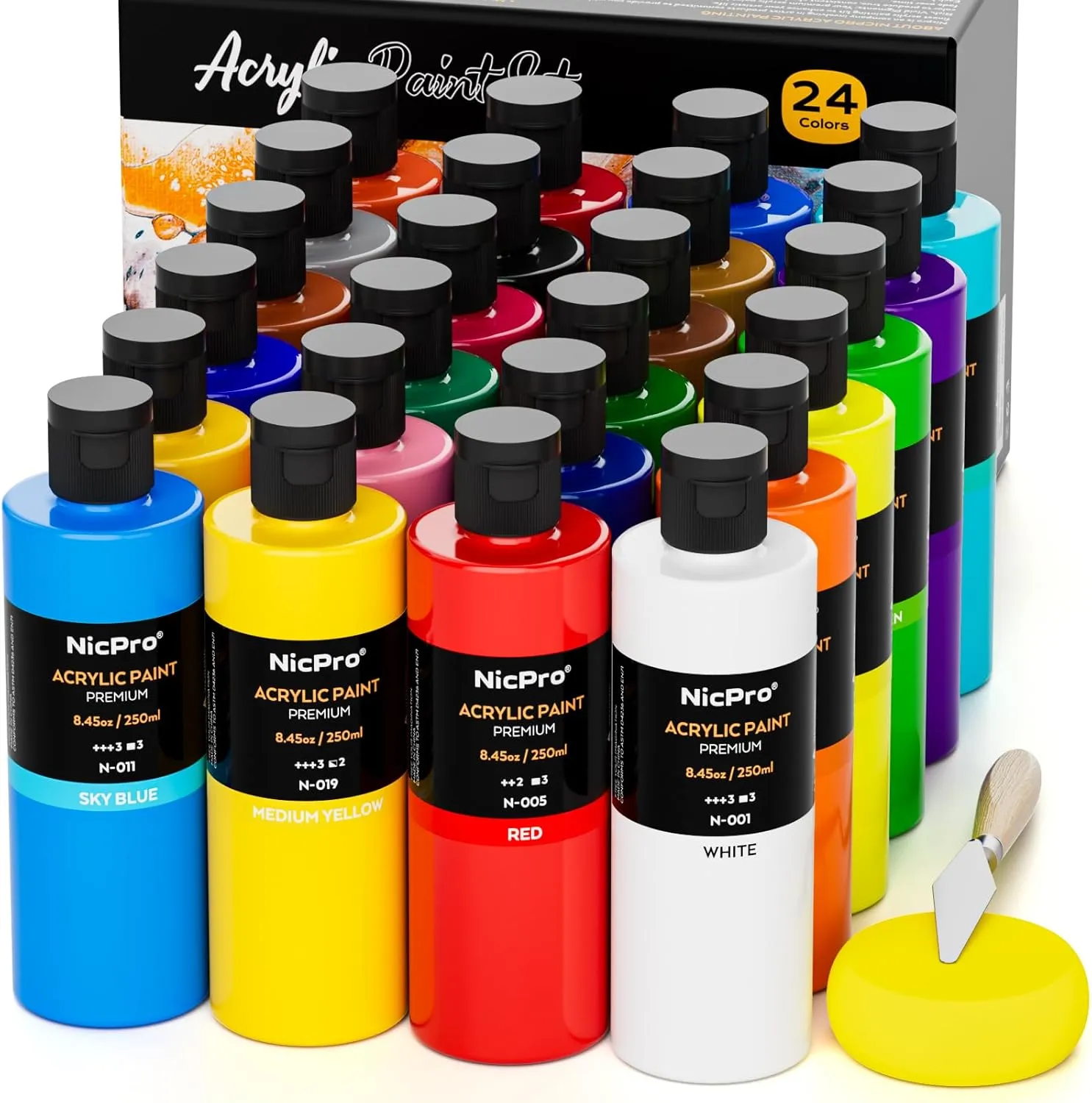 Nicpro 24 Colors Large Bulk Acrylic Paint Set (8.45 oz,250 ml) Non Toxic Artist Painting Supplies for Multi Surface Canvas, Wood, Fabric Leather, Rock, Glass, Paper, Crafts, Hobby with Color Wheel