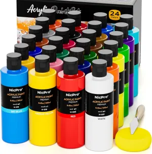 Nicpro 24 Colors Large Bulk Acrylic Paint Set (8.45 oz,250 ml) Non Toxic Artist Painting Supplies for Multi Surface Canvas, Wood, Fabric Leather, Rock, Glass, Paper, Crafts, Hobby with Color Wheel