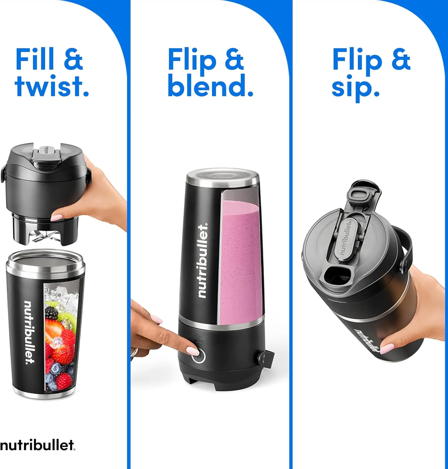 nutribullet Flip Portable Blender with Insulated Cup, Cordless, Black, NBPB50350AK