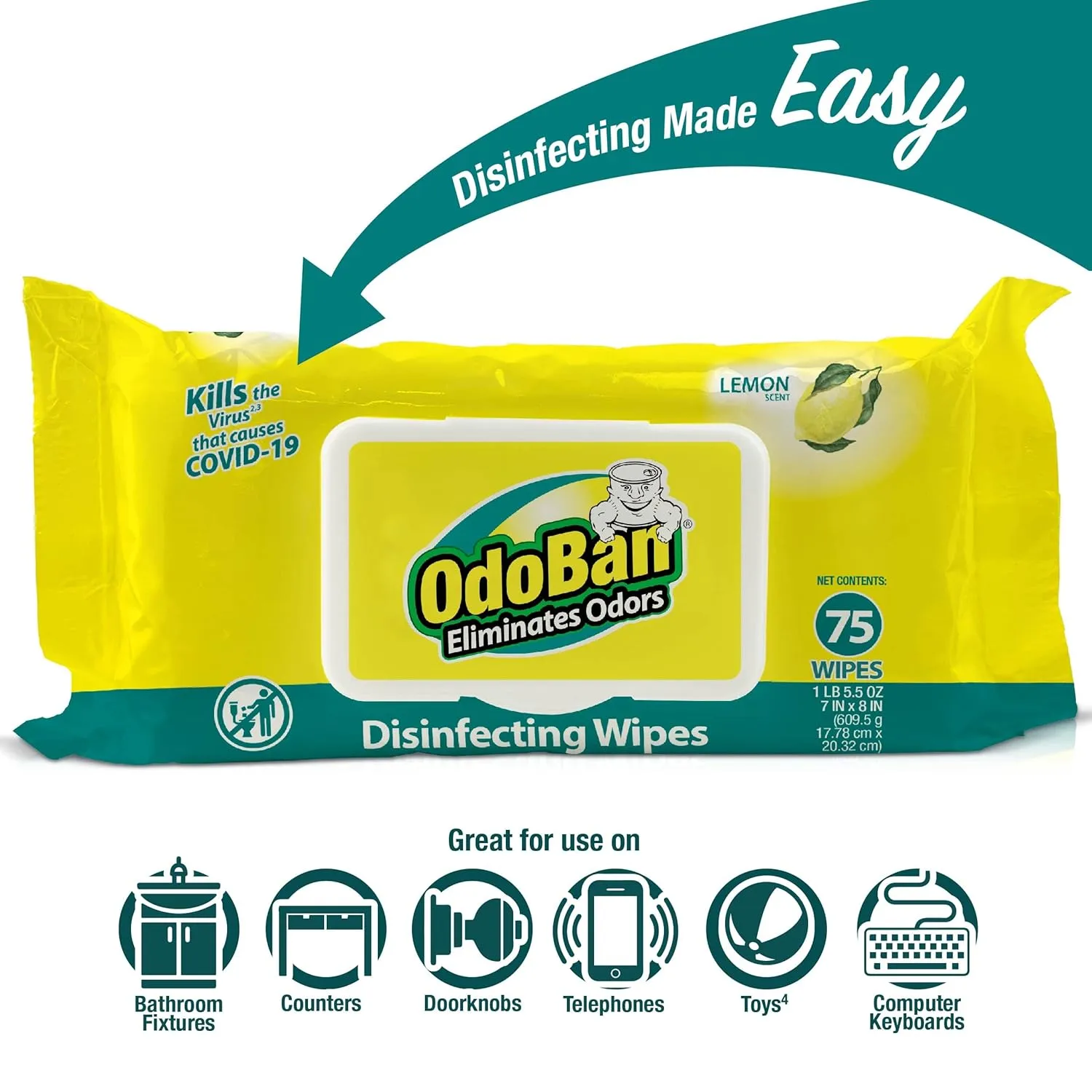 OdoBan Disinfectant and Odor Eliminating Wipes, Air Freshener, 4 Pack, 75 Wipes per Package, Lemon Scent
