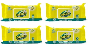 OdoBan Disinfectant and Odor Eliminating Wipes, Air Freshener, 4 Pack, 75 Wipes per Package, Lemon Scent