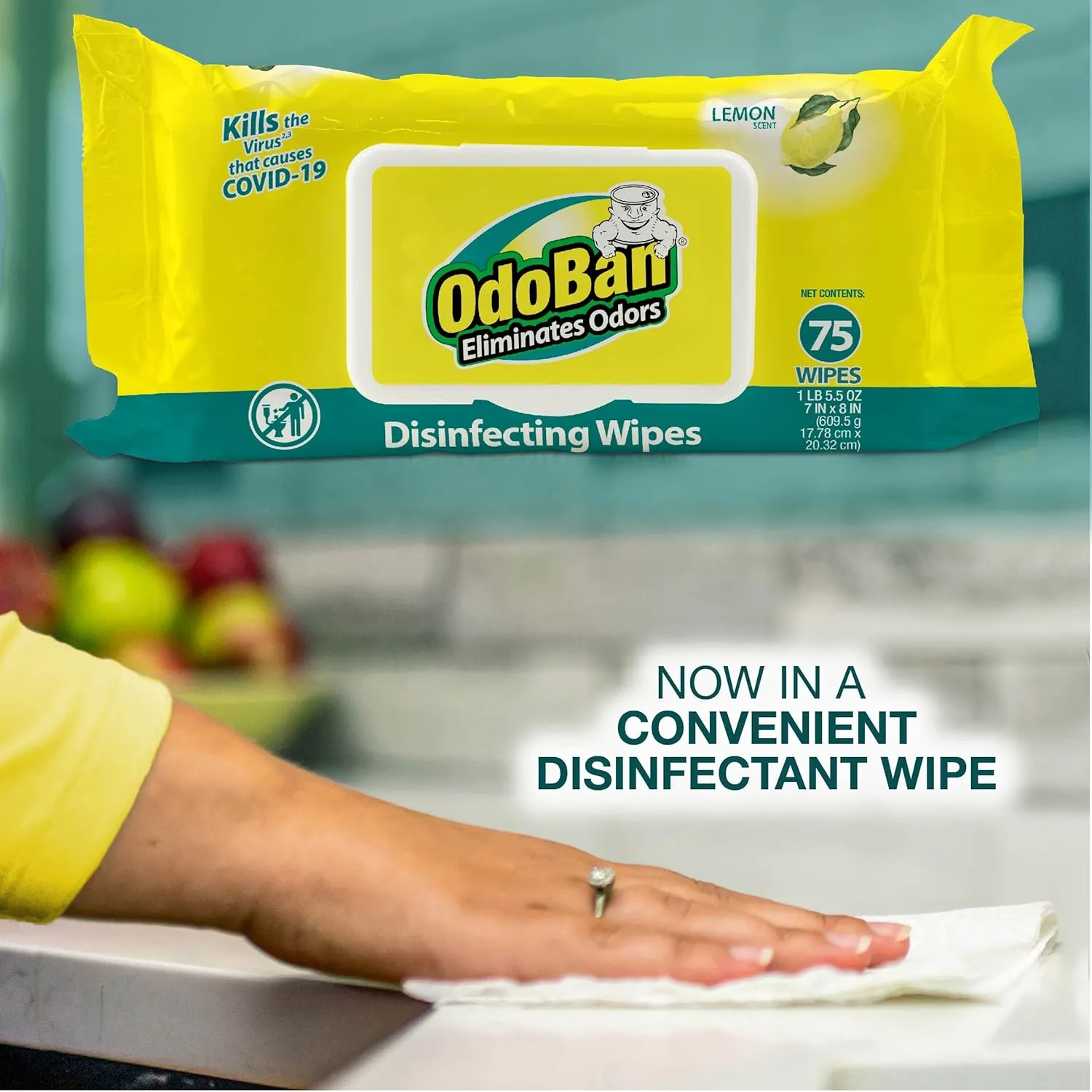 OdoBan Disinfectant and Odor Eliminating Wipes, Air Freshener, 4 Pack, 75 Wipes per Package, Lemon Scent