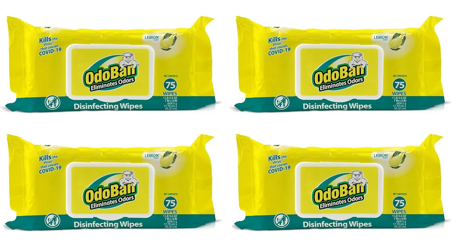 OdoBan Disinfectant and Odor Eliminating Wipes, Air Freshener, 4 Pack, 75 Wipes per Package, Lemon Scent
