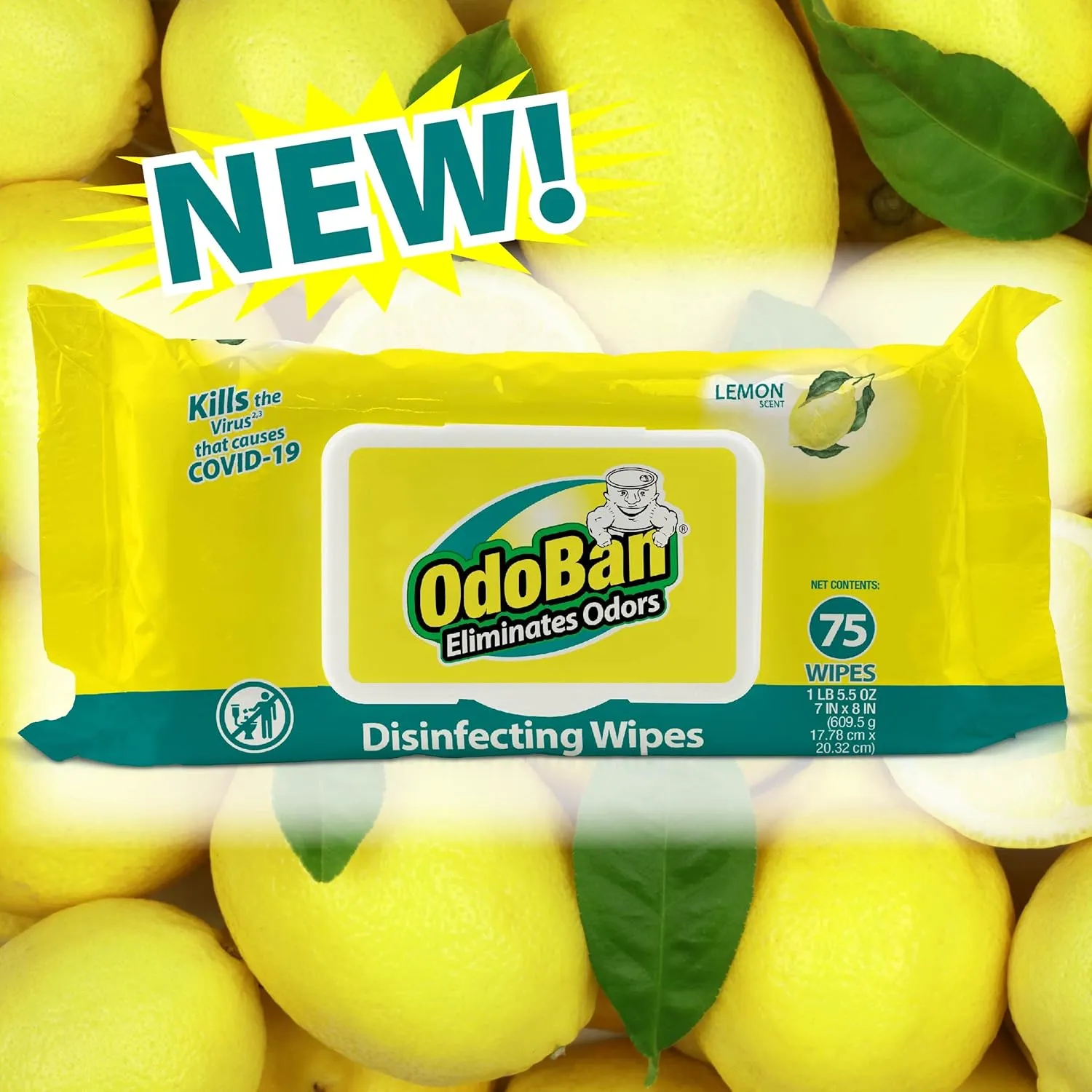 OdoBan Disinfectant and Odor Eliminating Wipes, Air Freshener, 4 Pack, 75 Wipes per Package, Lemon Scent
