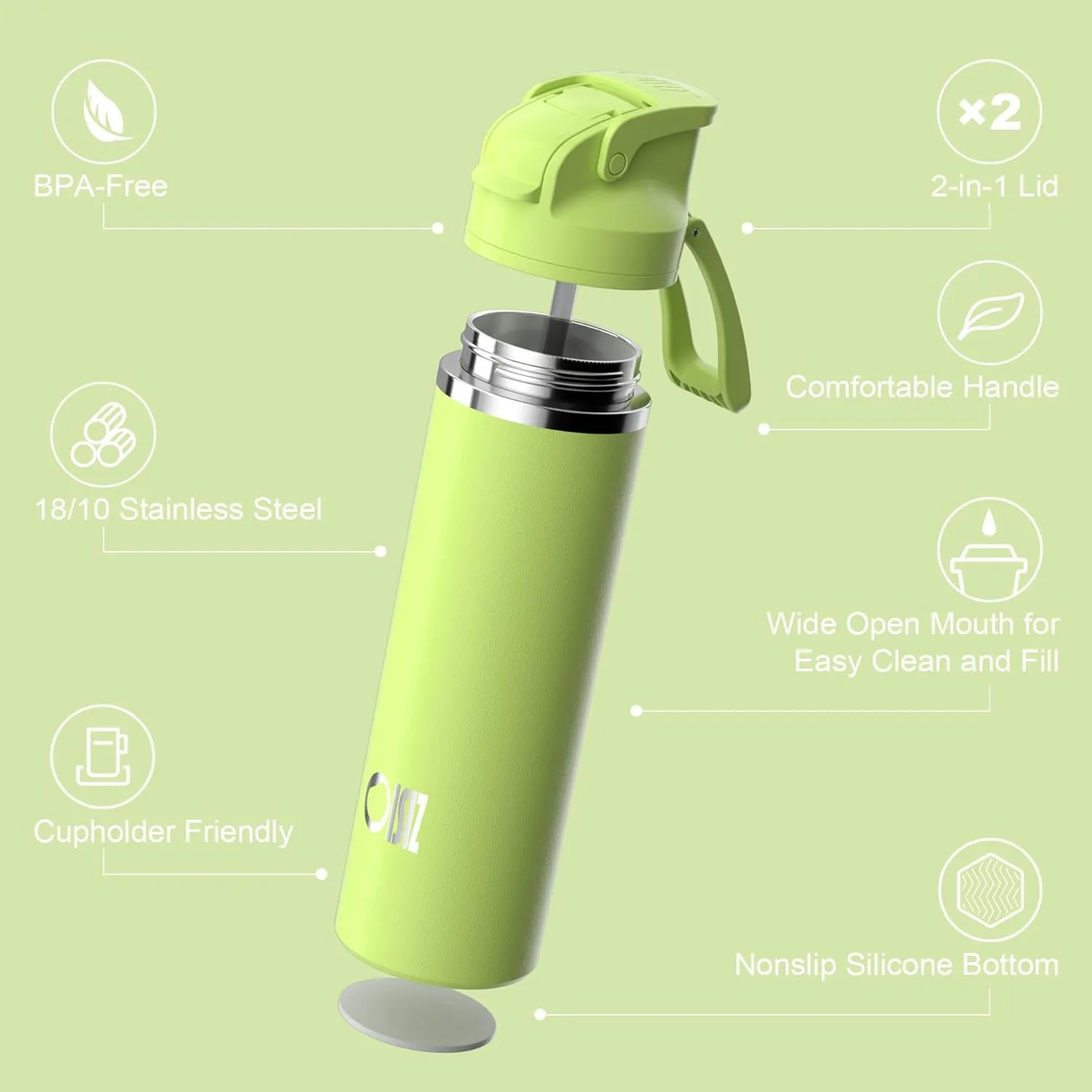 OISIZ Insulated Water Bottle 24 oz with 2-in-1 Straw and Swig Lid, Leakproof and BPA Free, Keep Cold 24H, Vacuum Stainless Steel Water Bottle for School, Travel and Sports, All Dishwasher Safe