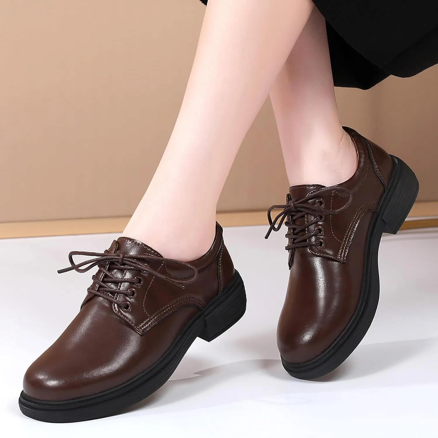 OKJ Oxford Shoes for Women, Black Womens Oxford Shoes Leather Platform Women's Oxfords Comfortable Dressy Slip On, Lace Up Loafers Casual Work Business Dress Office Oxfords Shoes