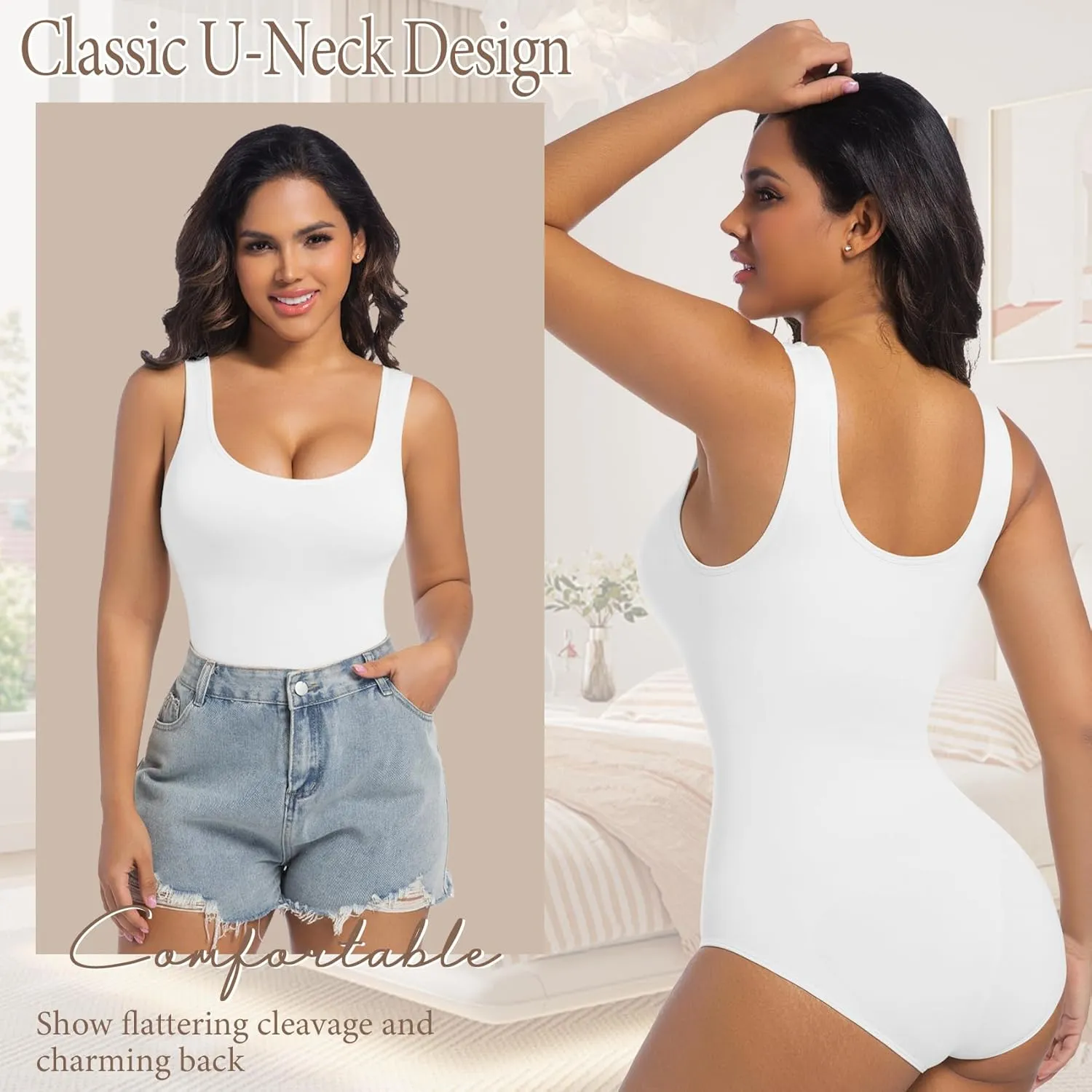 ONEW Shapewear Bodysuits Tummy Control Body Shaper Seamless Waist Trainer for Women Scoop Neck Going out Tops