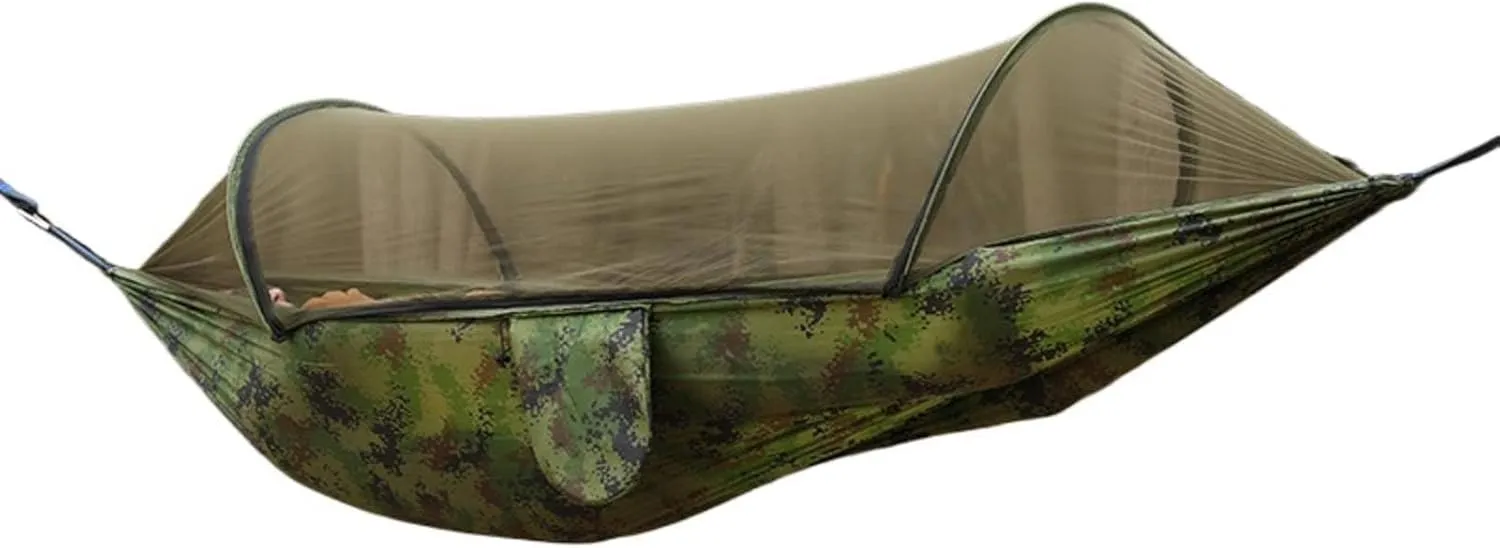 Outdoor Camping Anti-flip Nylon Hammock with Mosquito net Single Double Automatic Quick unfolding Jackstay Mosquito net Hammock, Camouflage