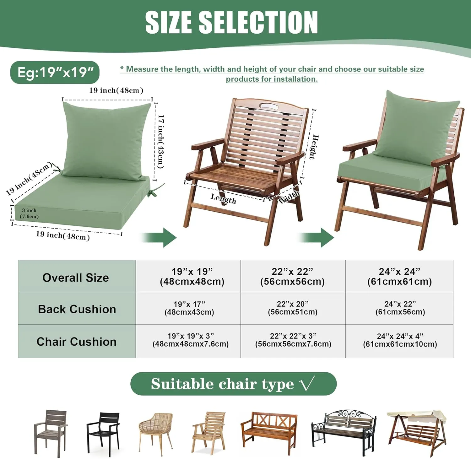 Outdoor Chair Cushions, Waterproof Back Pillow and Seat Cushion Set for Patio Furniture, Outdoor Sofa Replacement Cushions with Removable Cover, 24 x 24 Inch, Sage Green, 1 Set