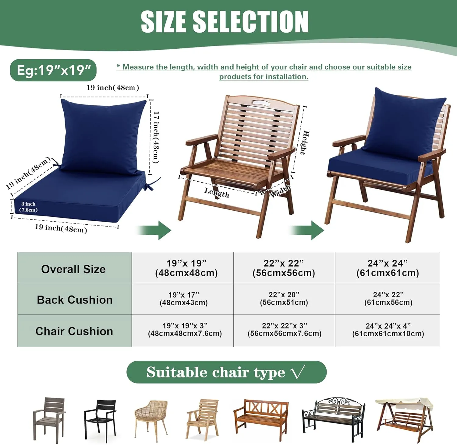 Outdoor Chair Cushions, Waterproof Backrest and Deep Seat Cushion Set for Patio Furniture, Outdoor Replacement Cushions with Removable Cover, 22 x 22 Inch, Navy, 1 Set