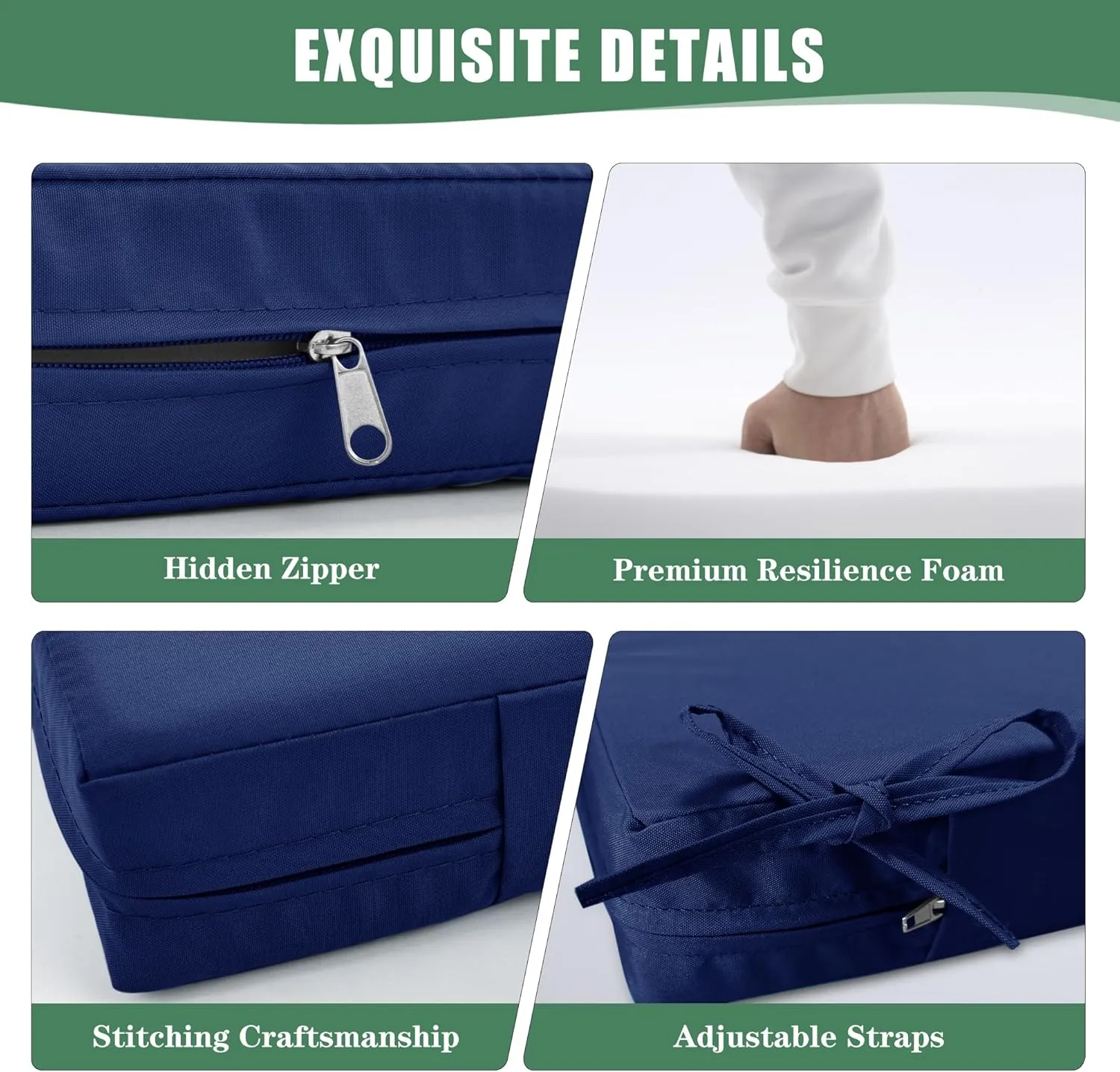Outdoor Chair Cushions, Waterproof Backrest and Deep Seat Cushion Set for Patio Furniture, Outdoor Replacement Cushions with Removable Cover, 22 x 22 Inch, Navy, 1 Set
