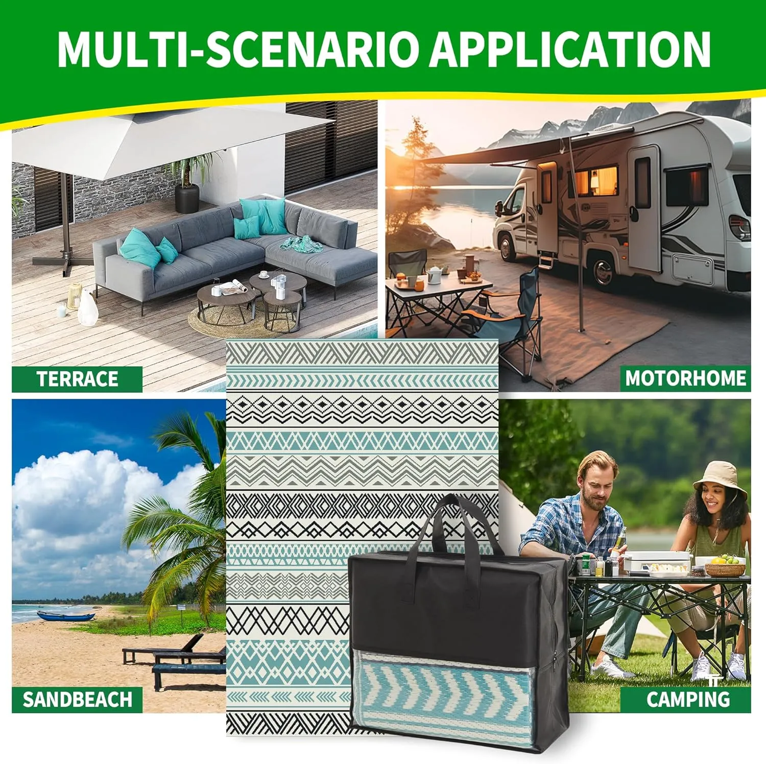 Outdoor Rugs, Outdoor Plastic Straw Rug, Reversible Waterproof Carpet for Camping, Poolside, Garden, BBQ Area, Gazebo Flooring, RV Park & Beach, Bohemian Style, 9x12