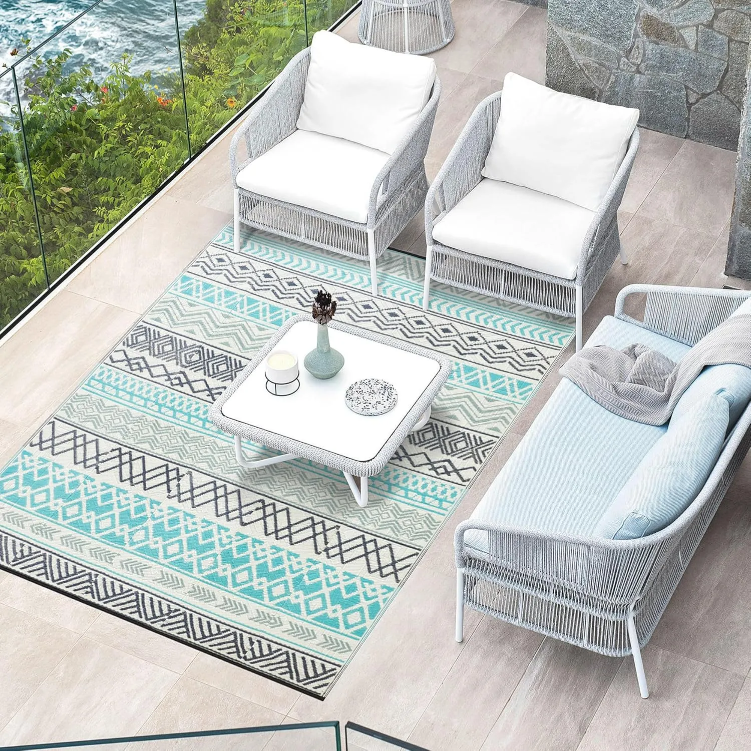 Outdoor Rugs, Outdoor Plastic Straw Rug, Reversible Waterproof Carpet for Camping, Poolside, Garden, BBQ Area, Gazebo Flooring, RV Park & Beach, Bohemian Style, 9x12