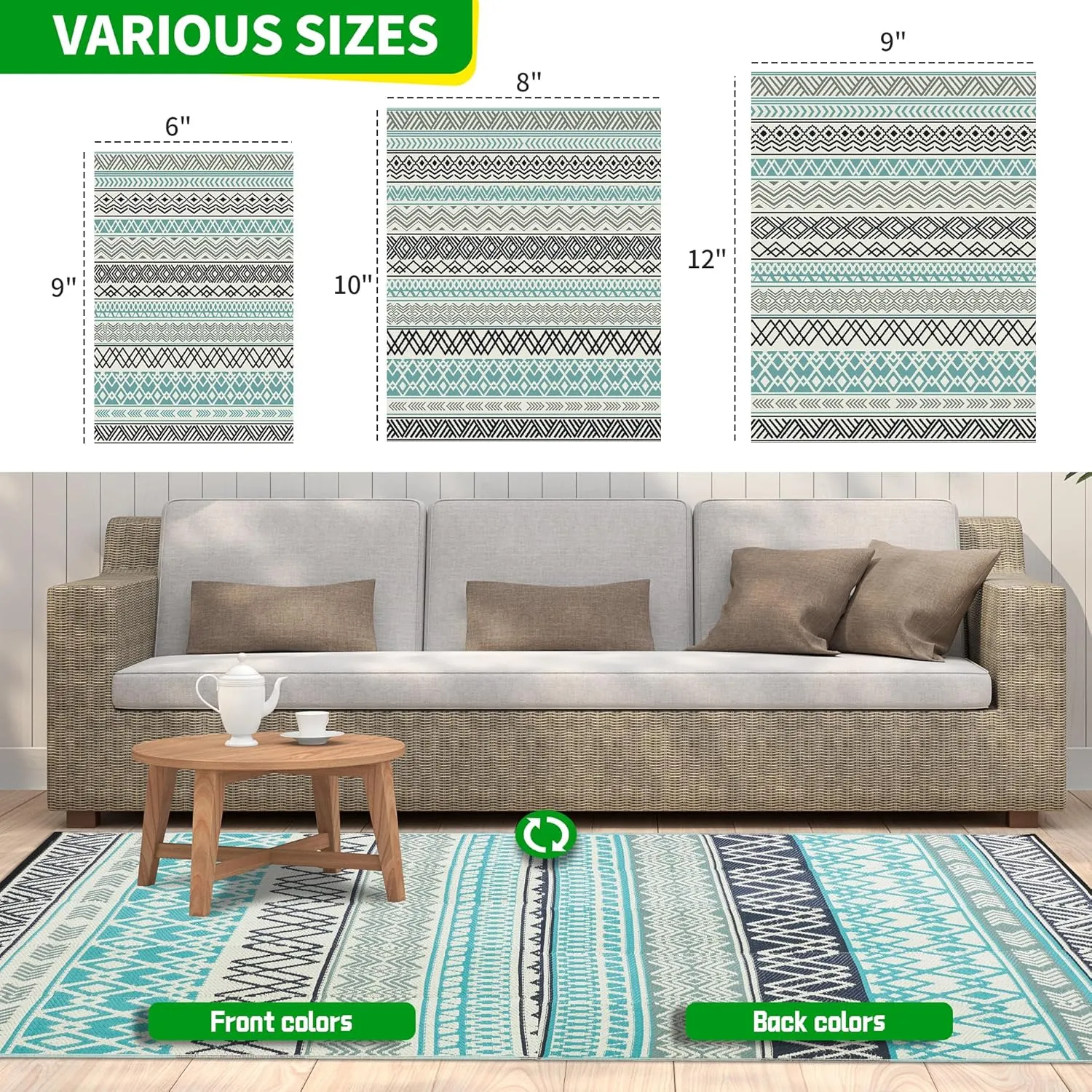 Outdoor Rugs, Outdoor Plastic Straw Rug, Reversible Waterproof Carpet for Camping, Poolside, Garden, BBQ Area, Gazebo Flooring, RV Park & Beach, Bohemian Style, 9x12