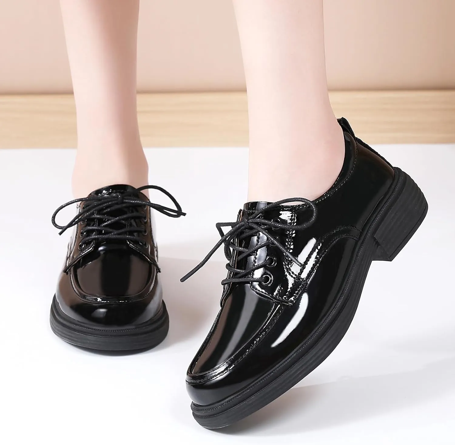 Oxford Shoes for Women Womens Oxford Shoes Lace-Up Round Toe Leather Flat Non-Slip Fashion Classic Business Casual Comfortable Dressy Office Work Ladies Shoes