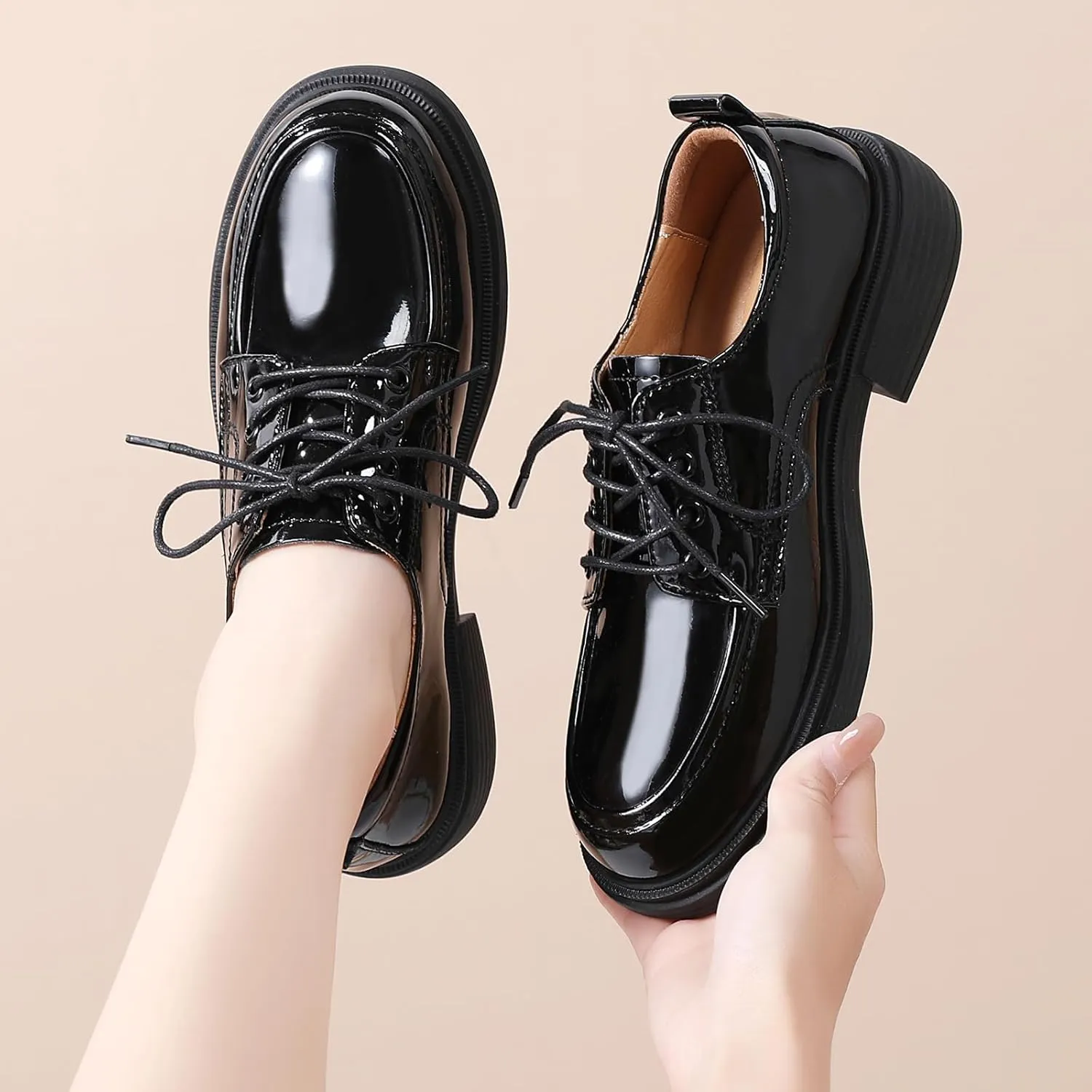 Oxford Shoes for Women Womens Oxford Shoes Lace-Up Round Toe Leather Flat Non-Slip Fashion Classic Business Casual Comfortable Dressy Office Work Ladies Shoes