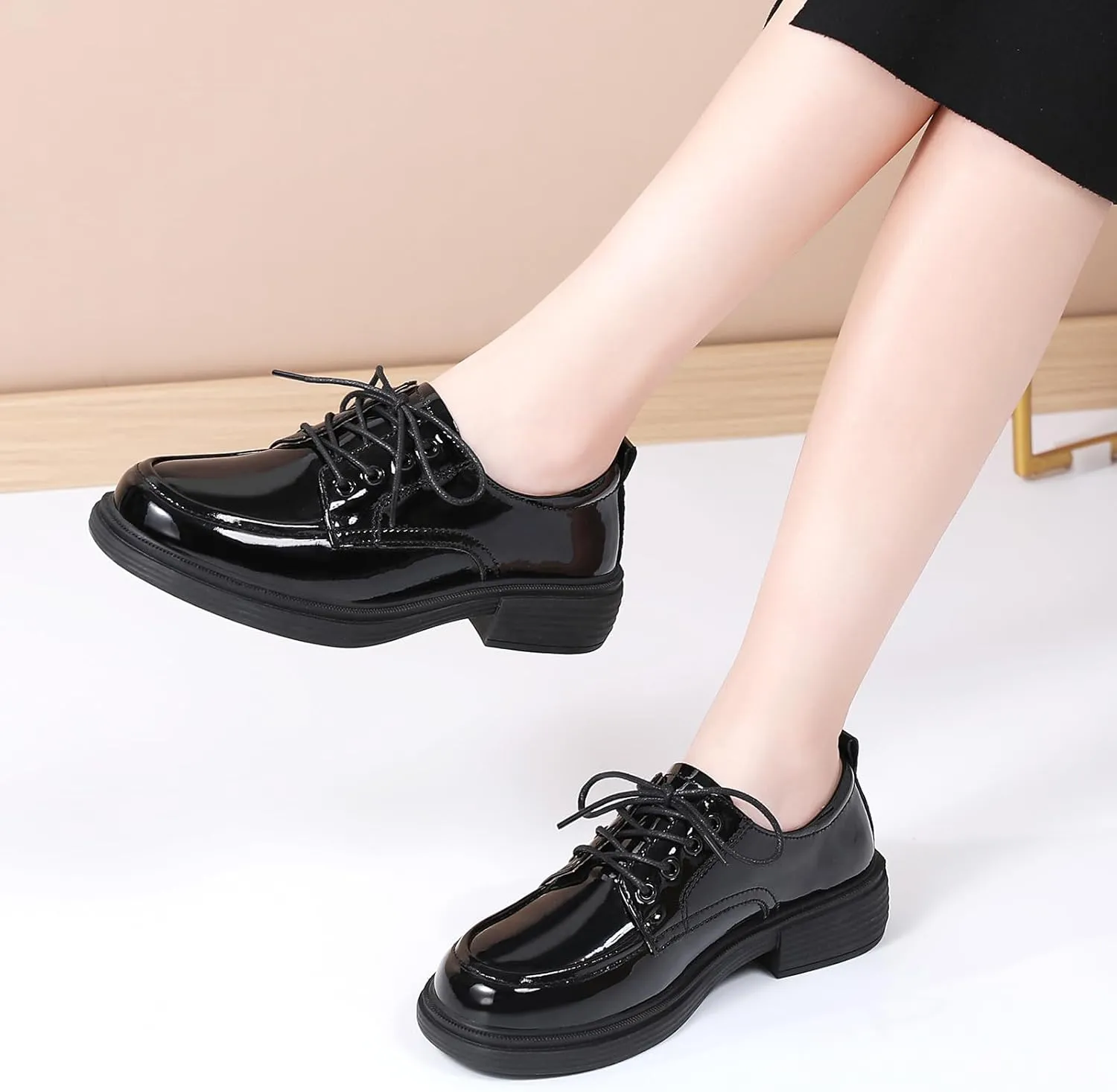Oxford Shoes for Women Womens Oxford Shoes Lace-Up Round Toe Leather Flat Non-Slip Fashion Classic Business Casual Comfortable Dressy Office Work Ladies Shoes