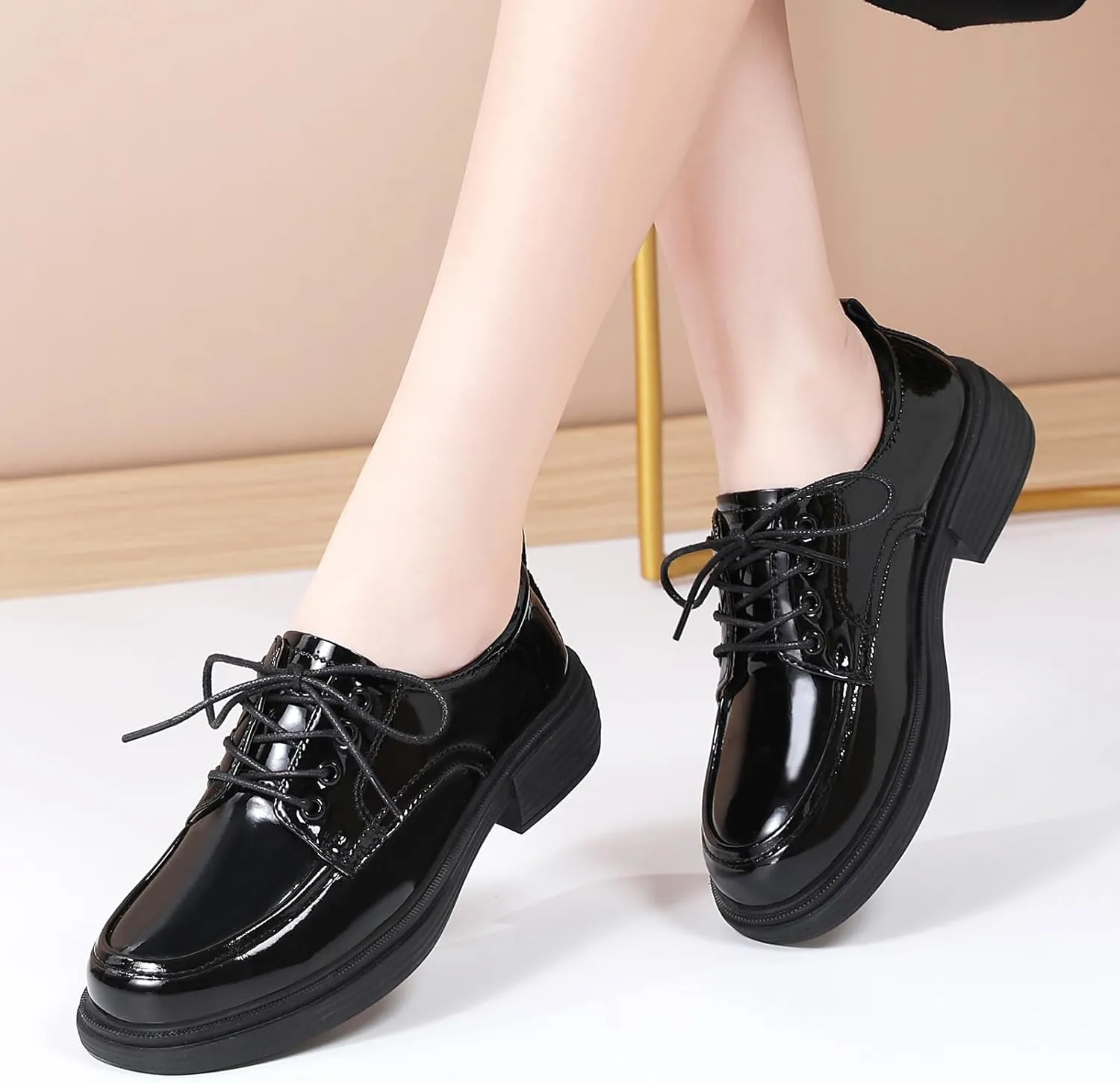 Oxford Shoes for Women Womens Oxford Shoes Lace-Up Round Toe Leather Flat Non-Slip Fashion Classic Business Casual Comfortable Dressy Office Work Ladies Shoes