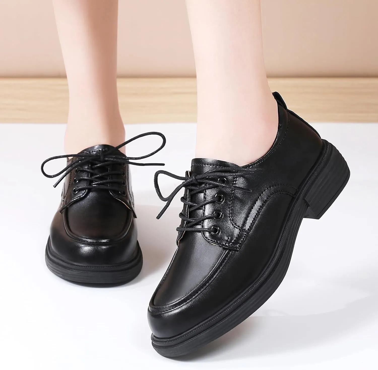 Oxford Shoes for Women Womens Oxford Shoes Lace-Up Round Toe Leather Flat Non-Slip Fashion Classic Business Casual Comfortable Dressy Office Work Ladies Shoes