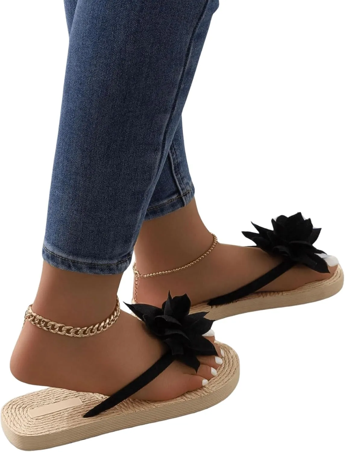 OYOANGLE Women's Applique Decor Open Toe Flip Flop Sandals Casual Outdoor Flat Slippers