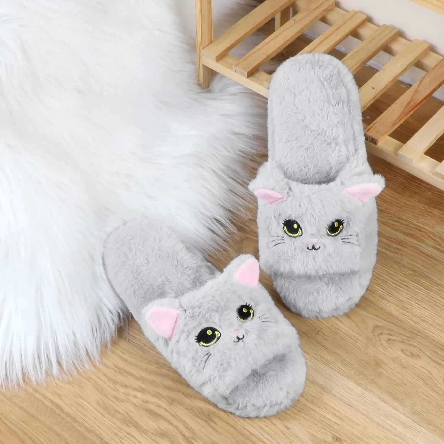 Panda Bros Slides Slippers, Soft Plush Cozy Open Toe Indoor Outdoor Fuzzy Slippers Gifts For Girls Women Girlfriend