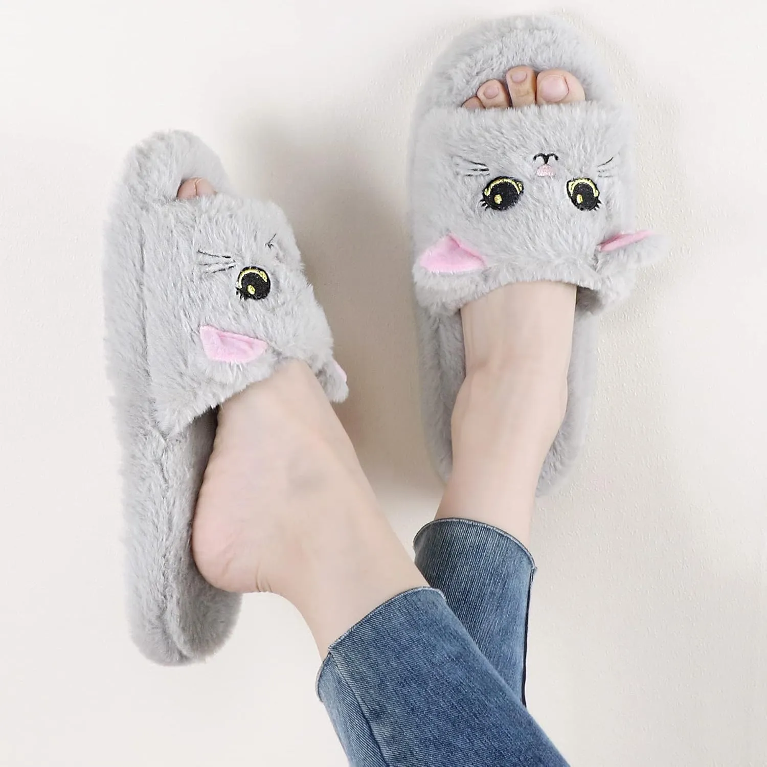 Panda Bros Slides Slippers, Soft Plush Cozy Open Toe Indoor Outdoor Fuzzy Slippers Gifts For Girls Women Girlfriend