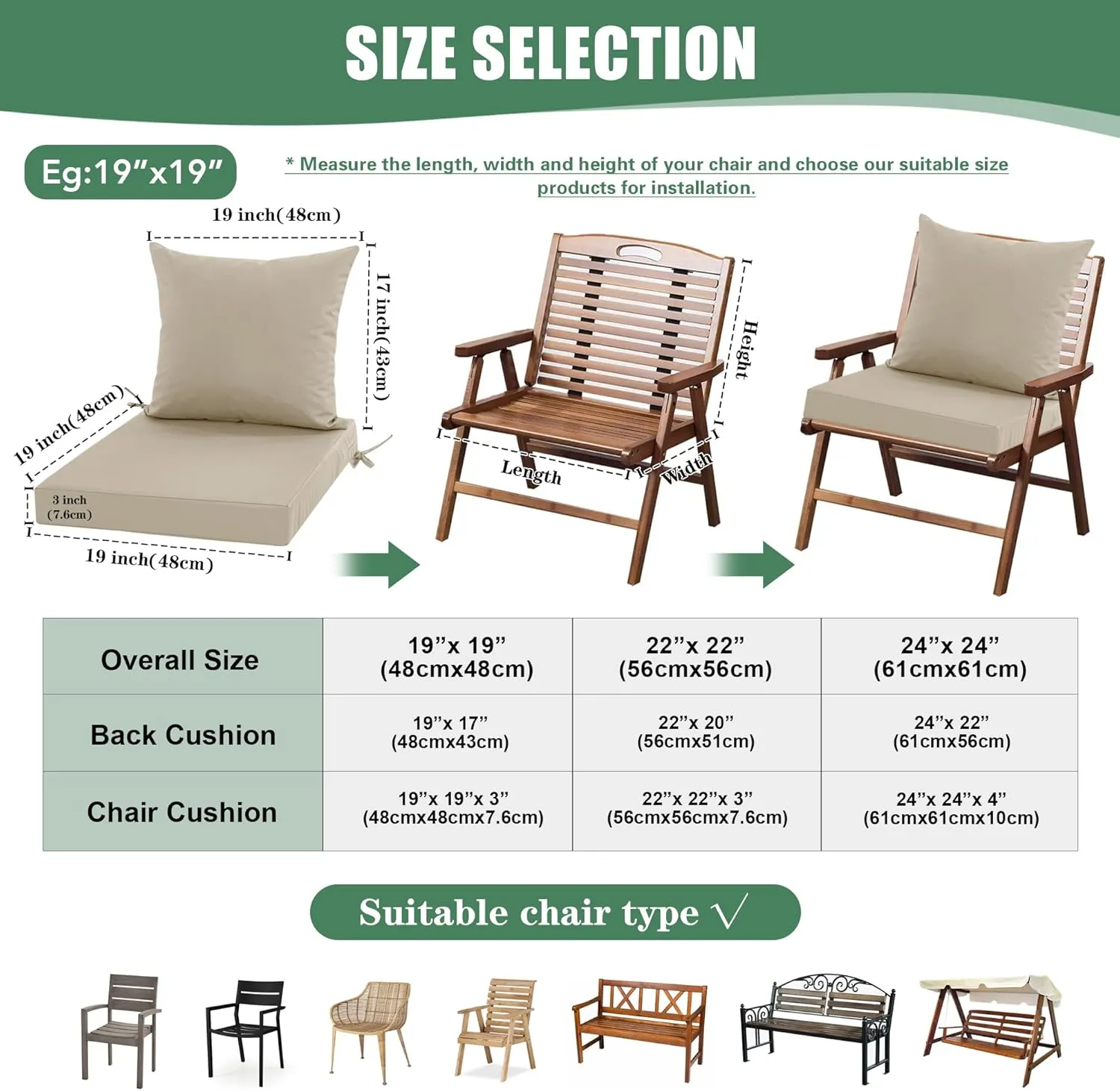 Patio Chair Cushions 22 x 22 Inch, Water Resistant Backrest Pillow and Seat Cushion Set for Outdoor Furniture, Sectional Sofa Cushion Replacments, Cream, Set of 4