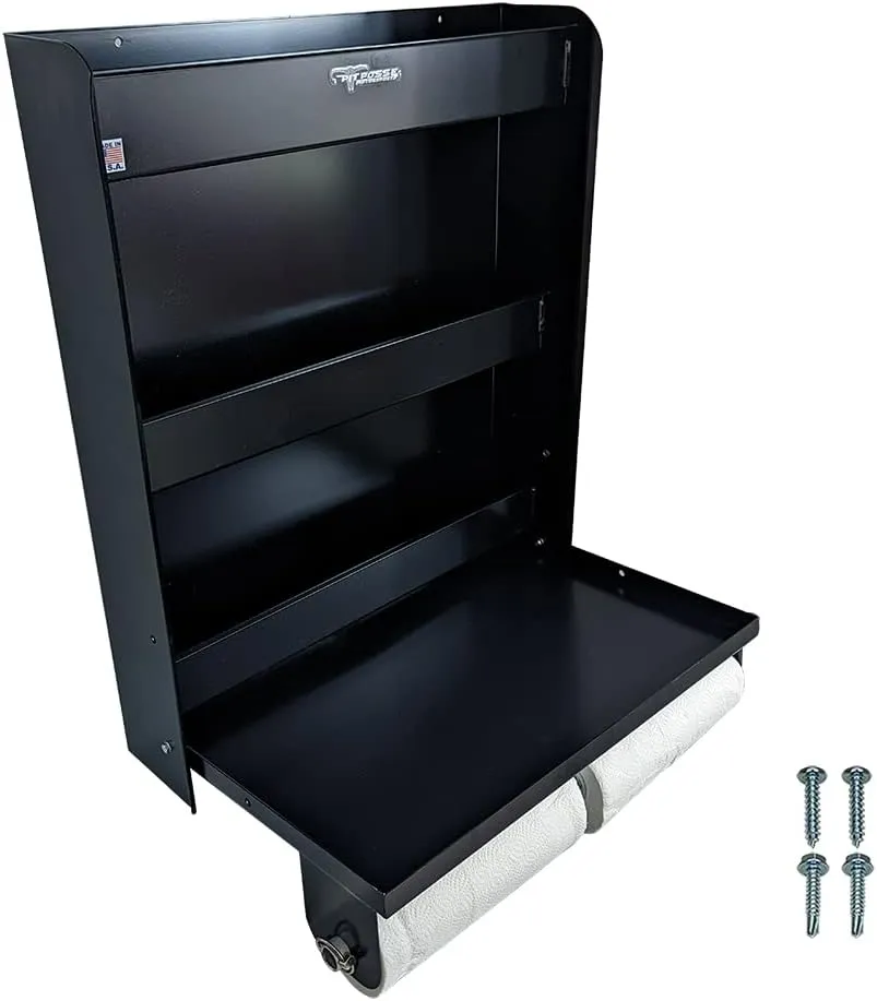 Pit Posse 445BK Trailer Door Cabinet Organizer Senior Work Station Storage - Made in USA - Flip Out Work Tray Spring Loaded Paper Towel Tensioner Aluminum Garage Bike Trailer Shop 25 x 6 x 30 (Black)