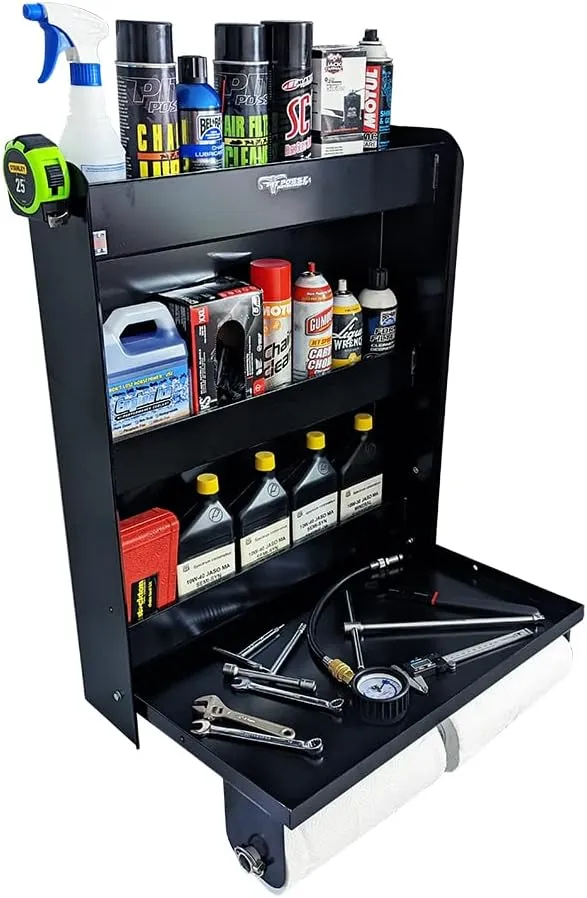 Pit Posse 445BK Trailer Door Cabinet Organizer Senior Work Station Storage - Made in USA - Flip Out Work Tray Spring Loaded Paper Towel Tensioner Aluminum Garage Bike Trailer Shop 25 x 6 x 30 (Black)