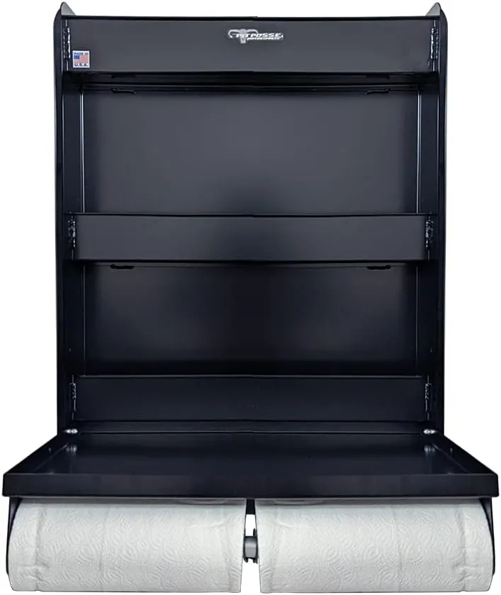 Pit Posse 445BK Trailer Door Cabinet Organizer Senior Work Station Storage - Made in USA - Flip Out Work Tray Spring Loaded Paper Towel Tensioner Aluminum Garage Bike Trailer Shop 25 x 6 x 30 (Black)