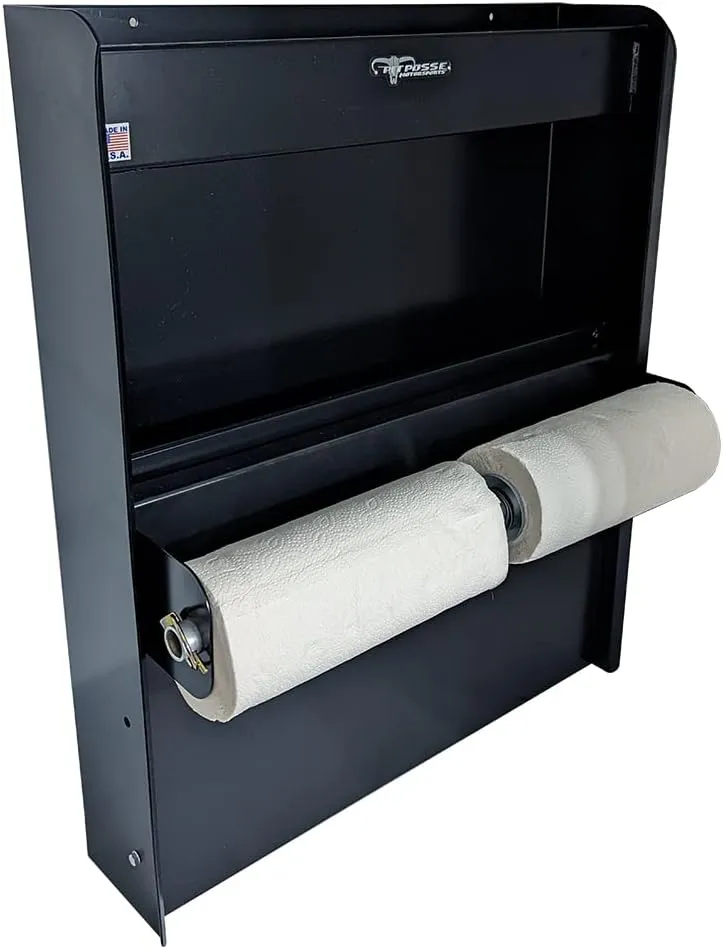 Pit Posse 445BK Trailer Door Cabinet Organizer Senior Work Station Storage - Made in USA - Flip Out Work Tray Spring Loaded Paper Towel Tensioner Aluminum Garage Bike Trailer Shop 25 x 6 x 30 (Black)