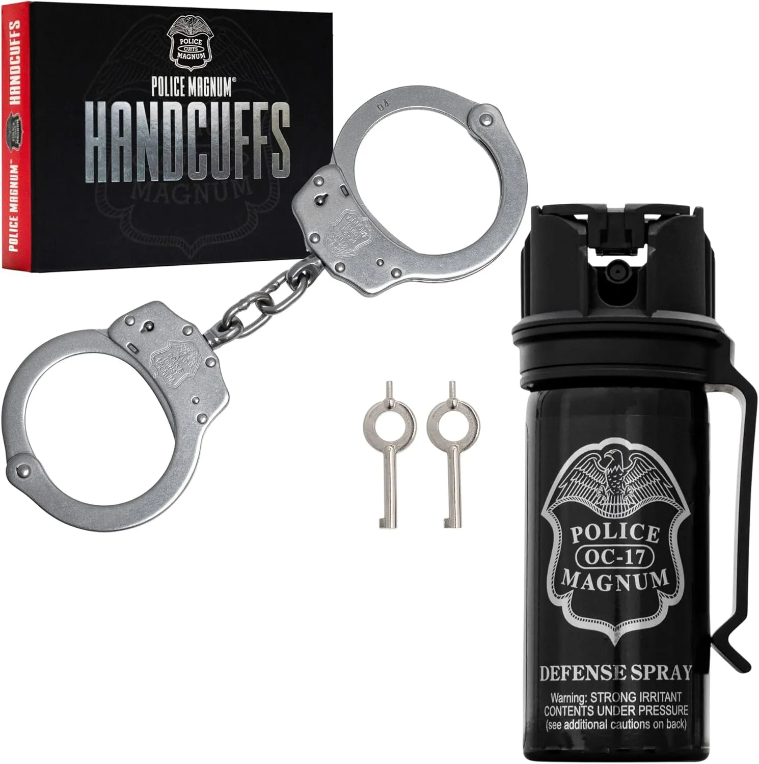 Police Magnum Pepper Spray self Defense Security Guard Bundle kit- Stainless Steel Handcuffs & 2oz Flip top Belt Clip Stream