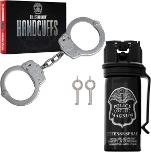 Police Magnum Pepper Spray self Defense Security Guard Bundle kit- Stainless Steel Handcuffs & 2oz Flip top Belt Clip Stream