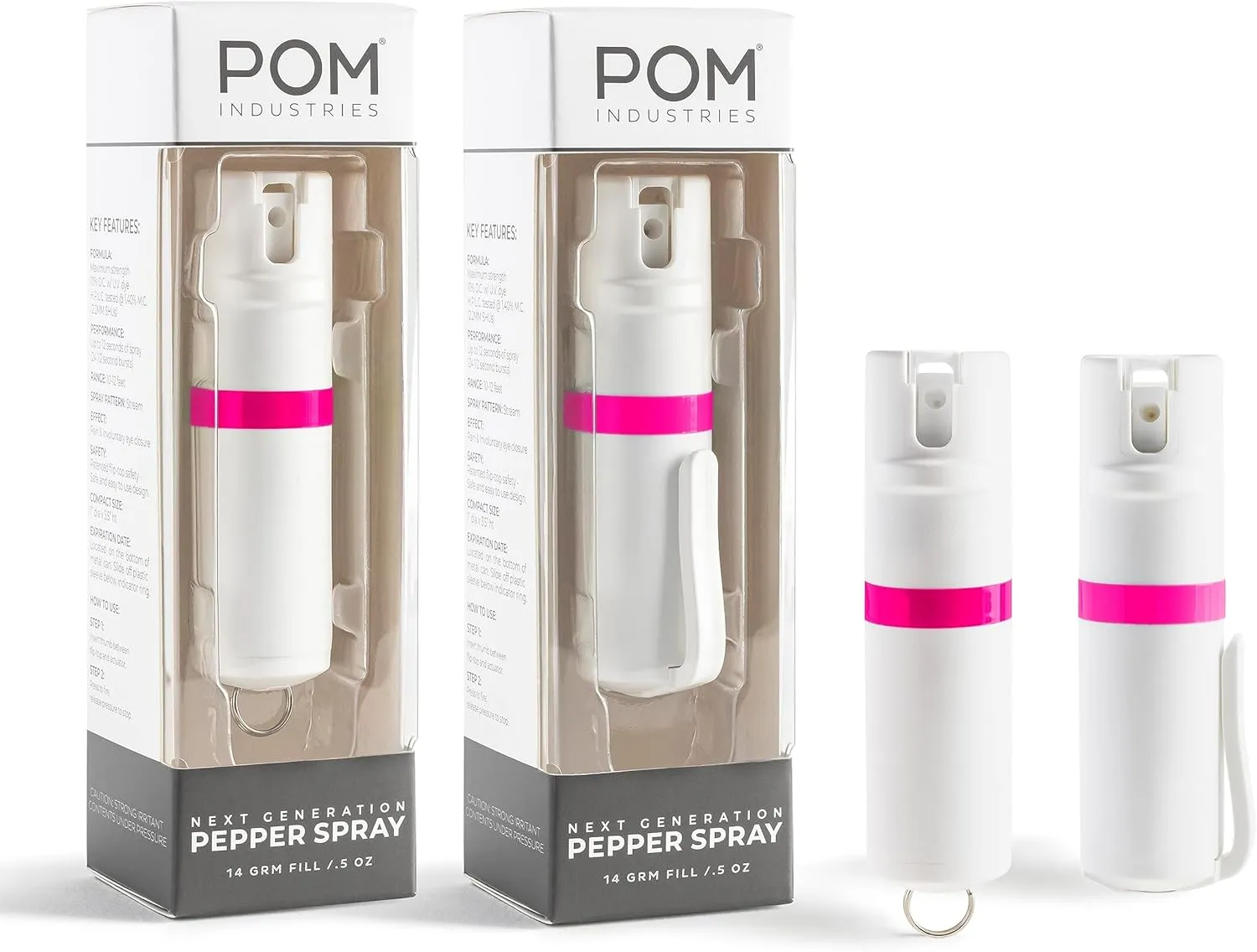 POM Pepper Spray Combo Pack, Keychain & Clip Model, Max Police Strength OC Formula, Quick Key Release, Flip Top Safety, 10 ft Range, 25 Bursts, 0.5 fl oz, Compact Tactical Design for Everyday Carry
