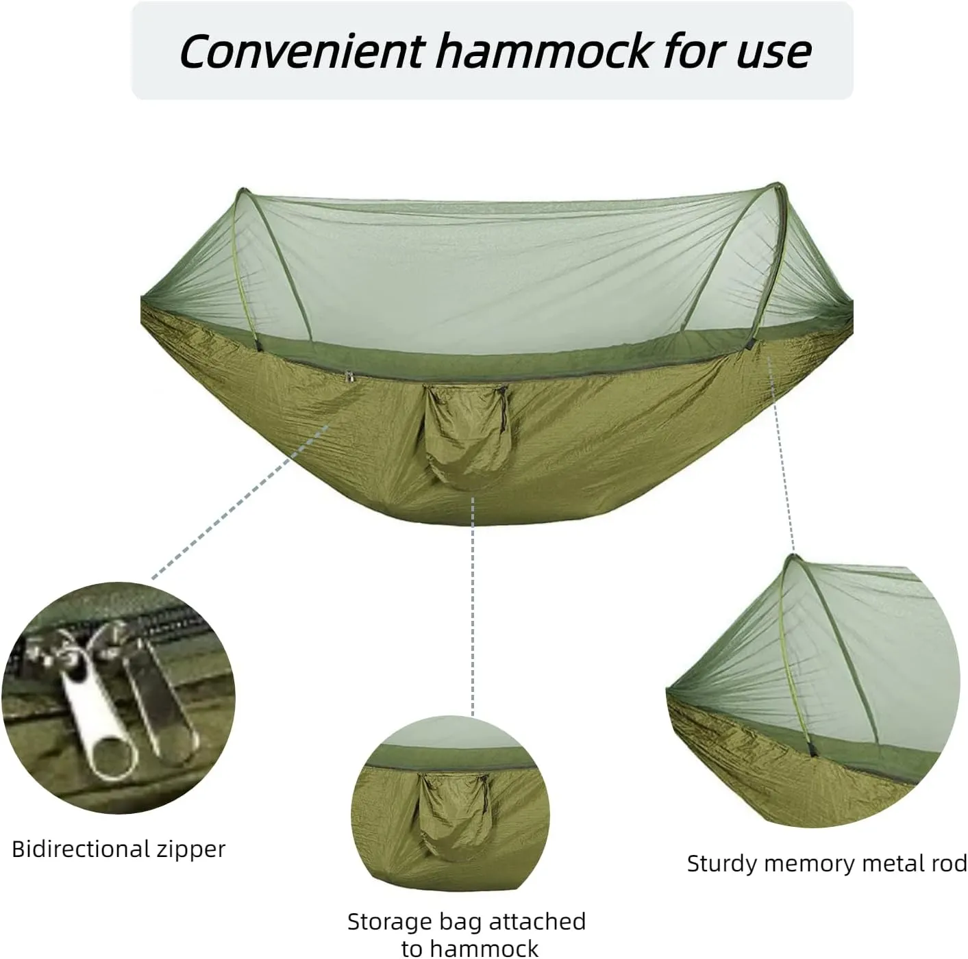 Pop up Hammock with Mosquito net - Ultra Light Outdoor Camping  for Adults with Capacity of 200 kilograms,Hammock Swing for 2 Tree Ties, 2 Black Gold Steel Buckles, Outdoor Storage Bag (Army Green)