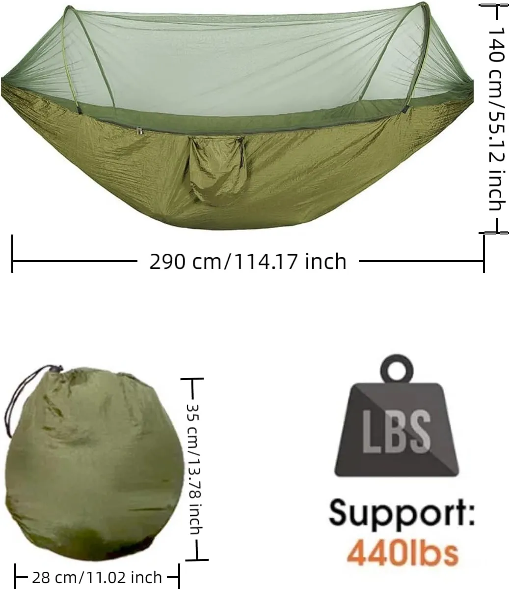 Pop up Hammock with Mosquito net - Ultra Light Outdoor Camping  for Adults with Capacity of 200 kilograms,Hammock Swing for 2 Tree Ties, 2 Black Gold Steel Buckles, Outdoor Storage Bag (Army Green)