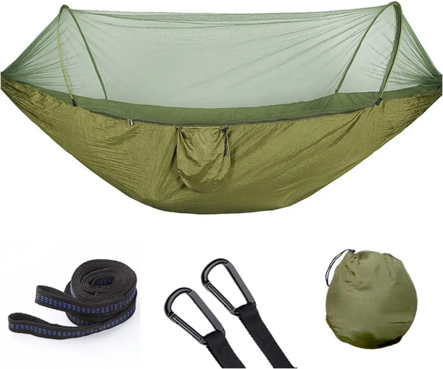 Pop up Hammock with Mosquito net - Ultra Light Outdoor Camping  for Adults with Capacity of 200 kilograms,Hammock Swing for 2 Tree Ties, 2 Black Gold Steel Buckles, Outdoor Storage Bag (Army Green)