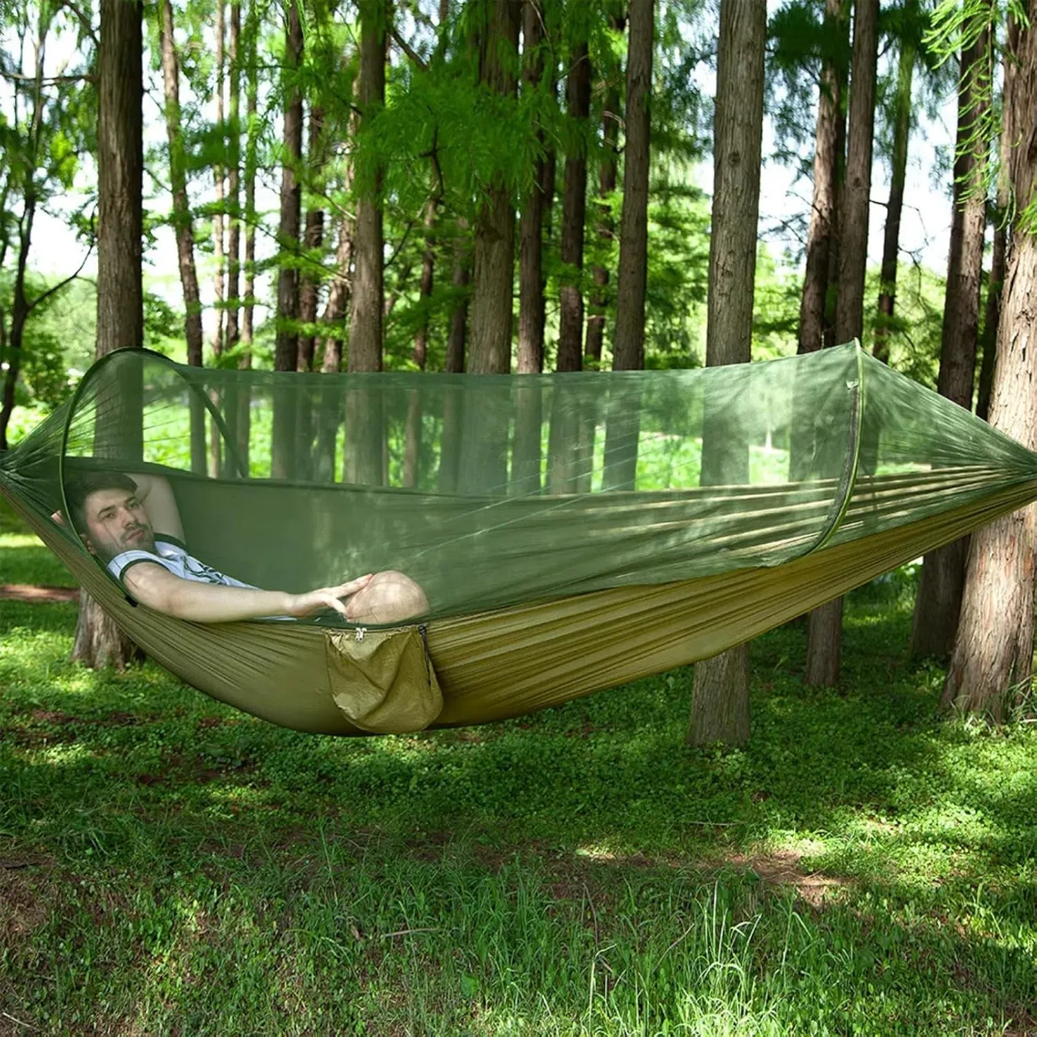 Pop up Hammock with Mosquito net - Ultra Light Outdoor Camping  for Adults with Capacity of 200 kilograms,Hammock Swing for 2 Tree Ties, 2 Black Gold Steel Buckles, Outdoor Storage Bag (Army Green)