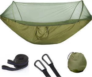 Pop up Hammock with Mosquito net - Ultra Light Outdoor Camping  for Adults with Capacity of 200 kilograms,Hammock Swing for 2 Tree Ties, 2 Black Gold Steel Buckles, Outdoor Storage Bag (Army Green)