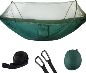 Pop up Hammock with Mosquito net - Ultra Light Outdoor Camping  for Adults with Capacity of 200 kilograms,Hammock Swing for 2 Tree Ties, 2 Black Gold Steel Buckles, Outdoor Storage Bag (Dark Green)